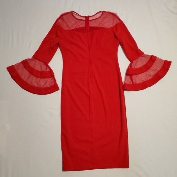 NWOT Red Sheer Illusion Bellsleeve Dress - Picture 2 of 3